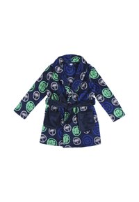 Navy-blue bathrobe with green and light blue superhero icons, featuring long sleeves, pockets, and a tied waist belt.