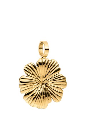 Goldener Anhänger in Form einer fünfblättrigen Blume mit strukturierten Linien und einer großen runden Öse oben, freigestellt auf weißem Hintergrund.