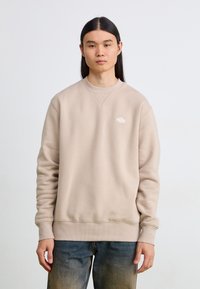 Felpa beige con collo a giro fatto di tessuto morbido, con polsini e orlo a coste, caratterizzata da un piccolo logo bianco nella parte sinistra del petto.