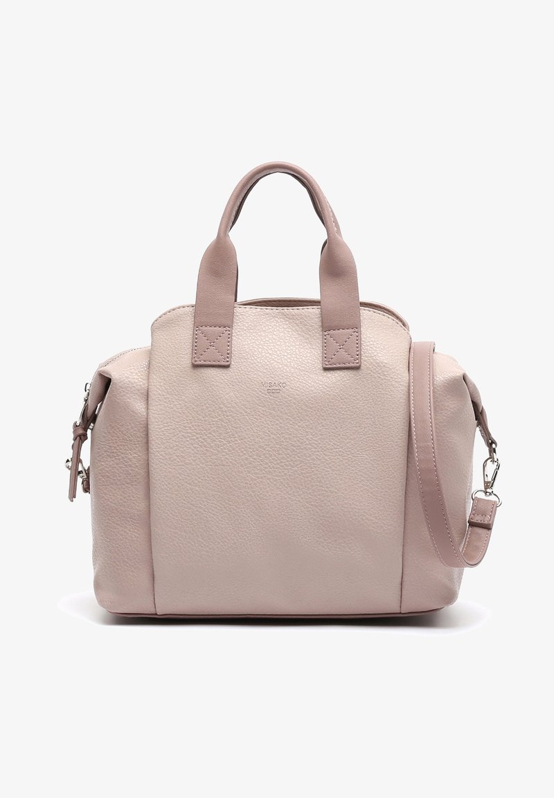 Sac cabas en cuir rose doux avec doubles poignées, bandoulière amovible et fermetures éclair sur les poches latérales.