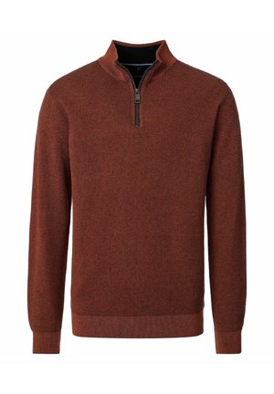 Herren Pullover aus strukturierter Wolle in Rostfarbe mit langen Ärmeln und einem kurzen Reißverschluss auf einem Stehkragen.