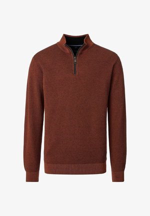 Herren Pullover aus strukturierter Wolle in Rostfarbe mit langen Ärmeln und einem kurzen Reißverschluss auf einem Stehkragen.