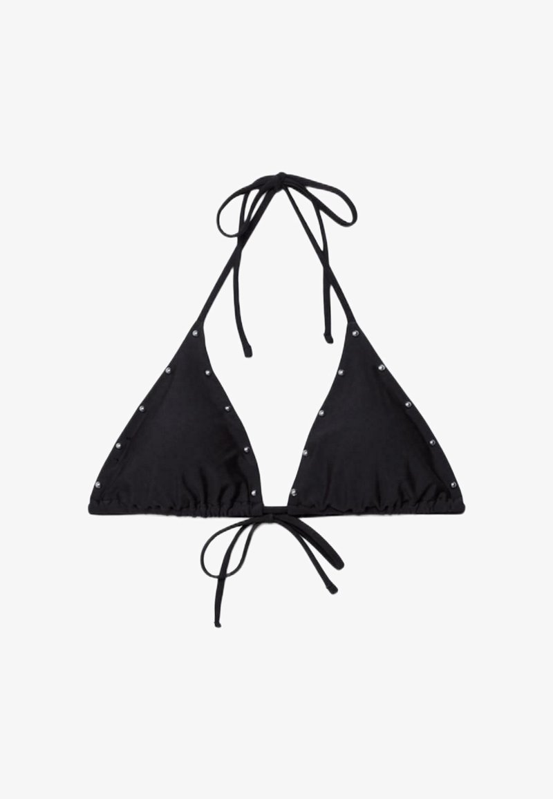 Black triangle bikini top with silver studs along edges, featuring neck and back tie closures.