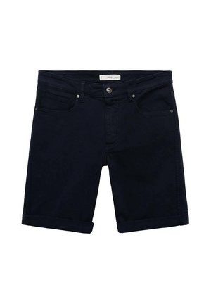 Tummansininen farkkushortsit, joissa on käännetyt lahkeet, kaksi etutaskua, nappikiinnitys ja hienovaraisia ompeluyksityiskohtia. Sileä kangaslaatu.