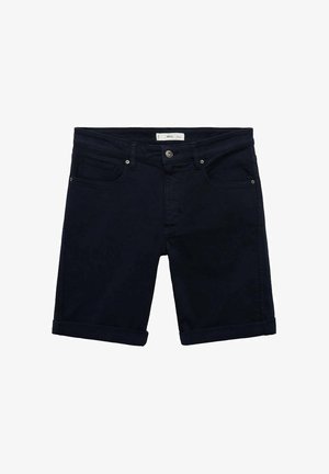 Mørkeblå denimshorts med opsmøgte kanter, to forlommer, knaplukning og diskrete syninger. Glat stofstruktur.