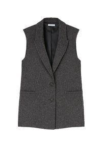 Gilet grigio senza maniche con finitura testurizzata, due tasche frontali e due bottoni neri. Il design con rever a scollatura conferisce struttura.