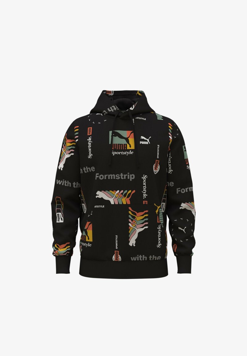 Sweat à capuche noir Puma avec logos multicolores, motif chat Puma, et motifs textuels dont "Sportstyle" et "Formstrip", affichés sur le devant et les manches.