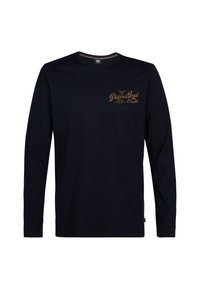 Langarm t-shirt in navy katoen met een ronde hals. Beschikt over een bruine grafische print op de borst en geribbelde manchetten.