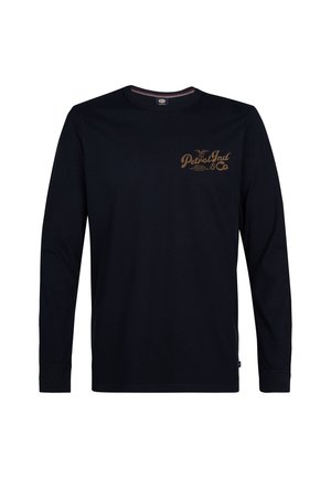 T-shirt a maniche lunghe in cotone blu navy con scollo a rotondo. Presenta una grafica marrone stampata sul petto e polsini a costine.