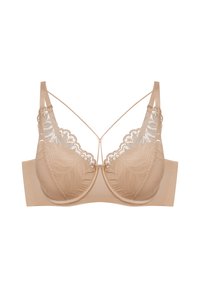 Beżowy biustonosz z koronkowymi detalami na górze, z wsparciem w postaci fiszbin oraz cienkimi ramiączkami. Materiał ma gładką teksturę i półprzezroczysty wygląd.