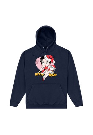 Granatowa bluza z kapturem z przednią kieszenią, z grafiką Betty Boop w stroju świętego Mikołaja, różowym tle w serca oraz wyraźnym napisem.