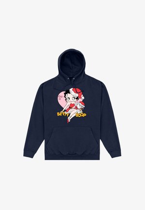 Granatowa bluza z kapturem z przednią kieszenią, z grafiką Betty Boop w stroju świętego Mikołaja, różowym tle w serca oraz wyraźnym napisem.