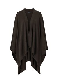 Mørkebrunt strikket poncho med V-hals og brede, svajende ærmer. Har en løs, draperet silhuet og blød tekstur.