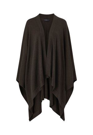Donkerbruin gebreide poncho met een V-hals en brede, vloeiende mouwen. Heeft een losse, hangende silhouet en een zachte textuur.
