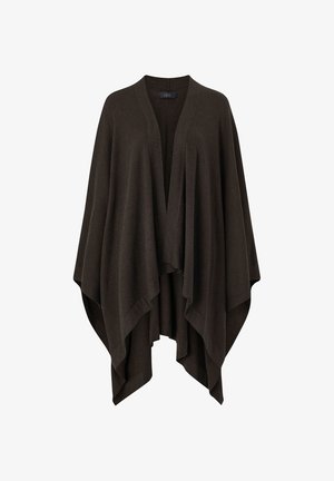 Dunkelbrauner gestrickter Poncho mit V-Ausschnitt und breiten, fließenden Ärmeln. Hat eine lockere, drapierte Silhouette und eine weiche Textur.