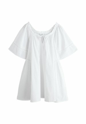 White off-the-shoulder blouse with wide sleeves, textured fabric, drawstring neckline, and subtle stitching details along the sleeves.