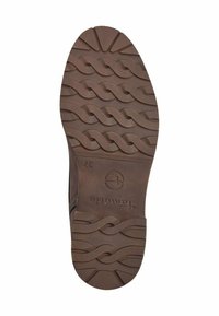 Semelle en caoutchouc marron avec un motif de vague texturé, comportant un logo et des détails de taille. Design plat adapté à divers types de chaussures.