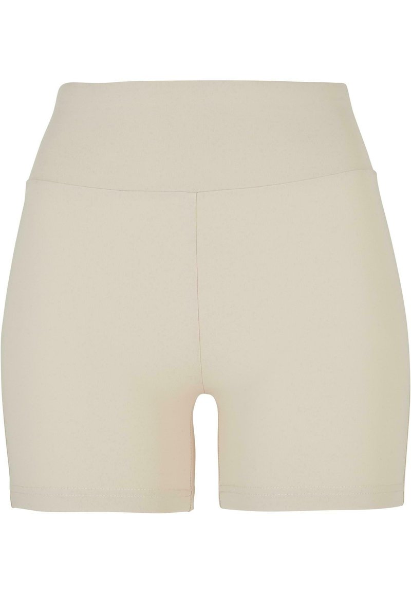 Beige high-waisted shorts van een soepele, rekbare stof. Kenmerken zijn een strakke pasvorm en een lengte tot halverwege de dijen, zonder zichtbare naden of patronen.