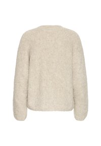 Beige long-sleeve cardigan with a soft, textured fabric, shown from the back against a plain white background.