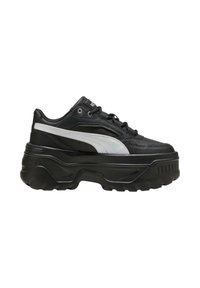 Sneakers neri con suola spessa, caratterizzati da una striscia bianca in accentuazione. Realizzati in pelle, presentano una superficie liscia e un design con lacci.