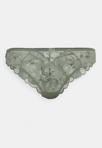 Olijfgroene kanten slipjes met bloempatronen, een scalloped rand en een delicate strikdetail in de taille. Zachte, doorzichtige textuur.