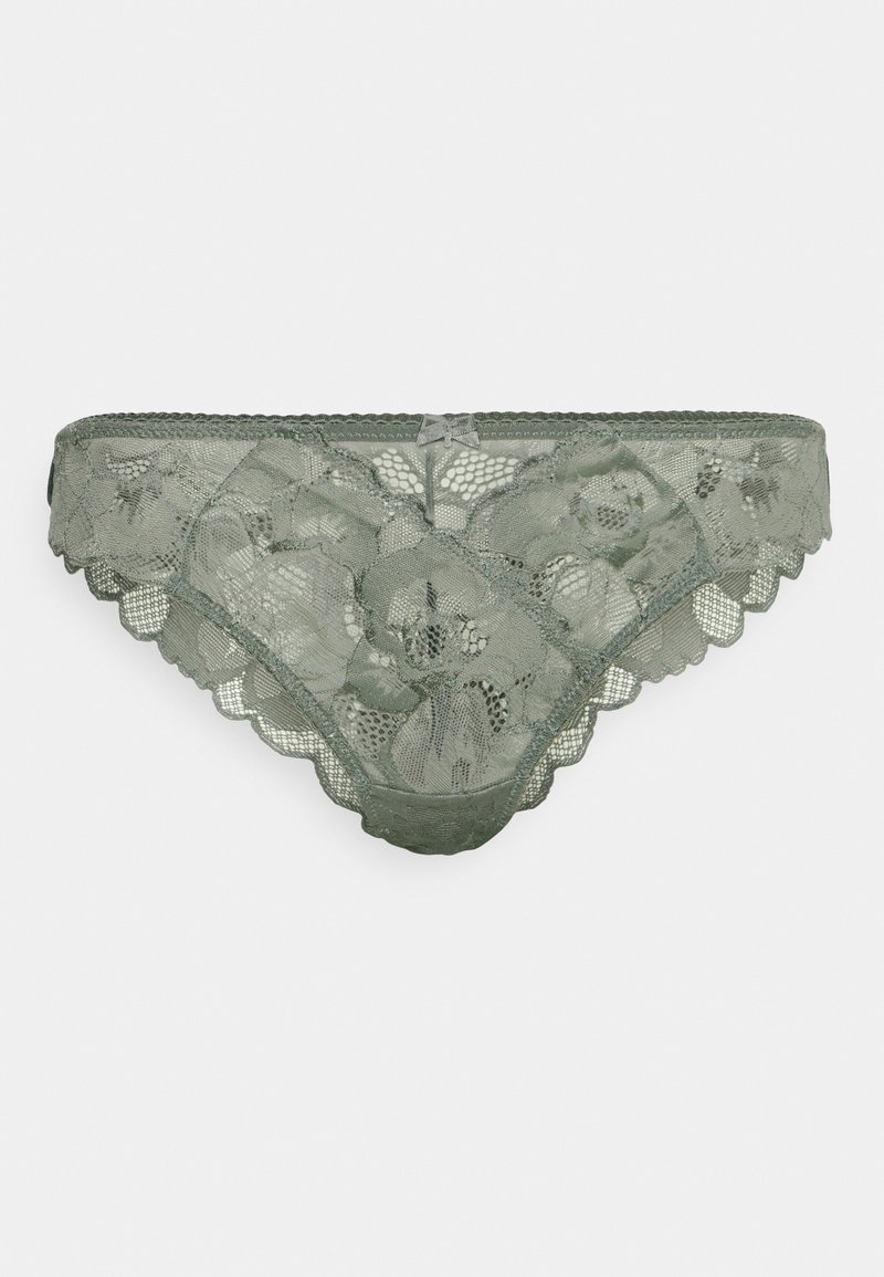 Olijfgroene kanten slipjes met bloempatronen, een scalloped rand en een delicate strikdetail in de taille. Zachte, doorzichtige textuur.