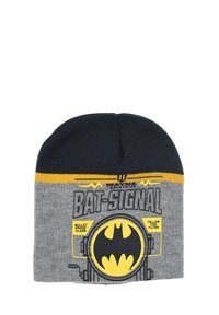 Gray knit beanie with black and yellow accents. Features Batman logo and “BAT-SIGNAL” text, with a ribbed texture and smooth finish.
