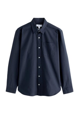 Navyblauw, langemouws overhemd met knopen, gemaakt van zacht katoen met een klassieke kraag, borstzak en witte knopen.