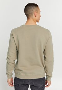 Felpa verde oliva chiaro con maniche lunghe, scollo rotondo a costine e polsini ed orlo elasticizzati; indossata con jeans scuri.