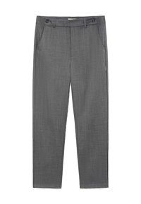 Pantalon gris en tissu texturé, avec deux poches avant, une fermeture à bouton, et une coupe droite.