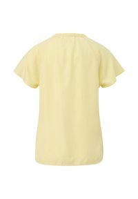 Gelbes kurzärmliges Oberteil mit gerafftem Ausschnitt, weichem Textil, abgerundetem Saum und lockerer Passform. Keine sichtbaren Muster oder Akzente.