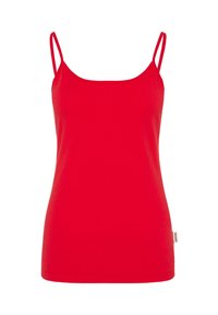 Red tank top made of cotton, featuring thin spaghetti straps and a fitted design, with a smooth texture and a straight hemline.
