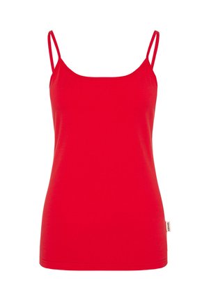 Red tank top made of cotton, featuring thin spaghetti straps and a fitted design, with a smooth texture and a straight hemline.