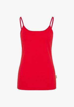 Red tank top made of cotton, featuring thin spaghetti straps and a fitted design, with a smooth texture and a straight hemline.