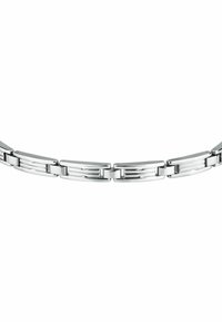 Bracciale in acciaio inox argento con collegamenti rettangolari allungati, finitura lucida e scanalature sottili, progettato per un aspetto elegante.