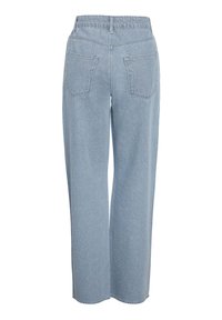 Šviesiai mėlyni džinsai iš džinso audinio su aukštu liemeniu, tiesiomis plačiomis kojomis, diržo kilpelėmis ir dviem ant nugaros siūtais kišenėmis.