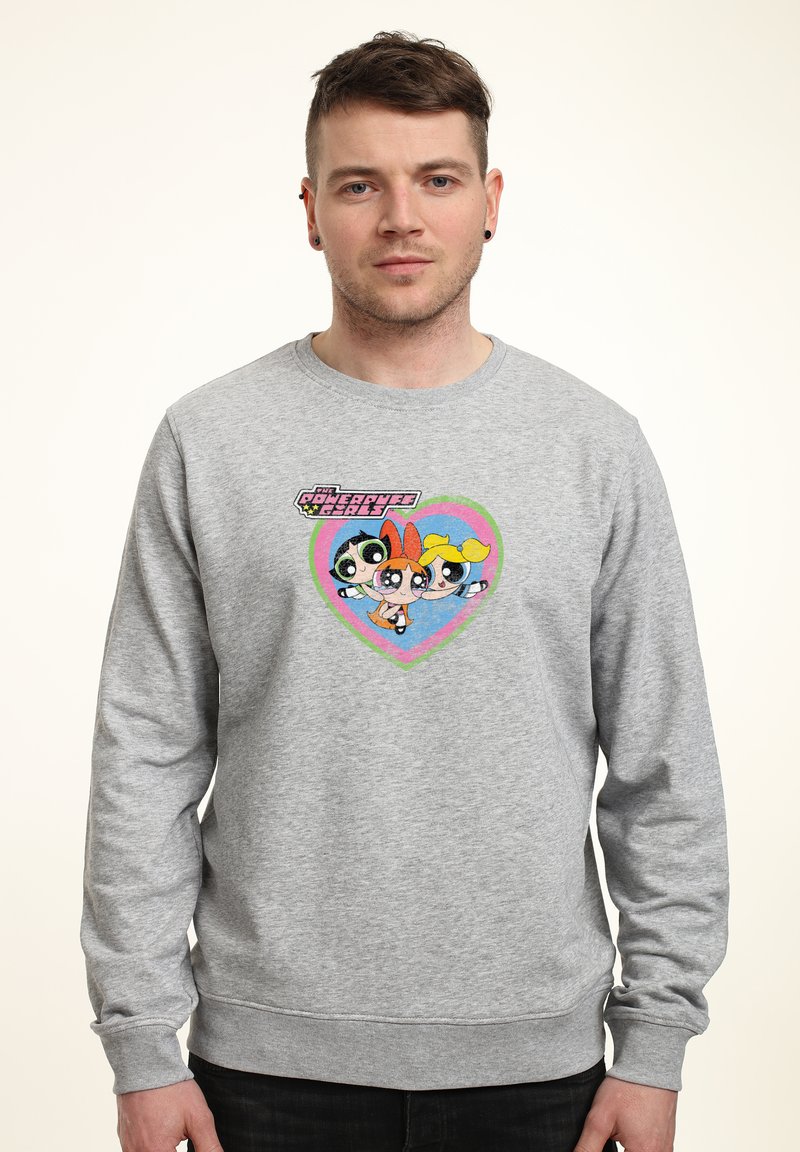 Grå sweatshirt i bomullsblandning, med en grafik av tre tecknade figurer i form av ett hjärta. Ribbad ärmslut och nederkant.