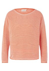 Pull en maille corail à coupe ample, avec un col rond et des manches longues. Motif texturé sur l'ensemble, avec une bordure orange unie aux poignets et à l'ourlet.