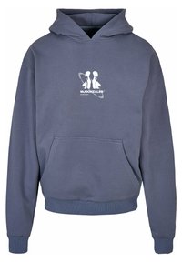 Hooded sweatshirt in dark gray fabric, featuring a front pocket and white graphic design. Ribbed cuffs and hem provide a snug fit.
