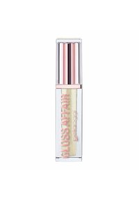 Lucidalabbra Gloss Affair in un tubetto trasparente, con un cappuccio metallico argentato e un'etichetta rosa. Formula dorata lucida e scintillante all'interno.