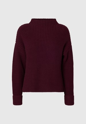 Maglione lavorato a maglia bordeaux con collo alto, vestibilità oversize, spalle scese e texture a costine, dotato di maniche lunghe e orli a risvolto.