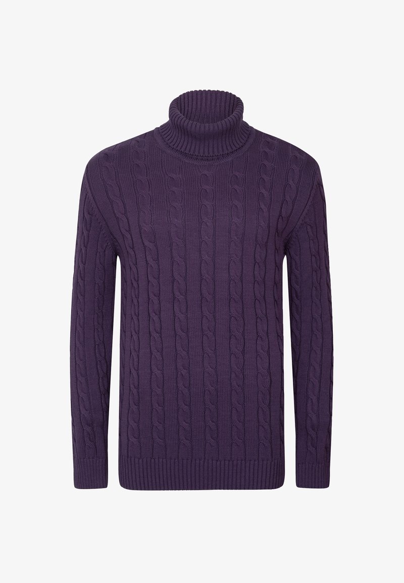 Pull à col roulé en maille torsadée violet avec manches longues et poignets et ourlet côtelés, présenté sur fond blanc.
