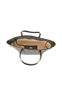 Borsa a spalla con manici in pelle marrone scuro. L'interno presenta una fodera crema, un tessuto a motivi con disegni a croce e una tasca piccola.