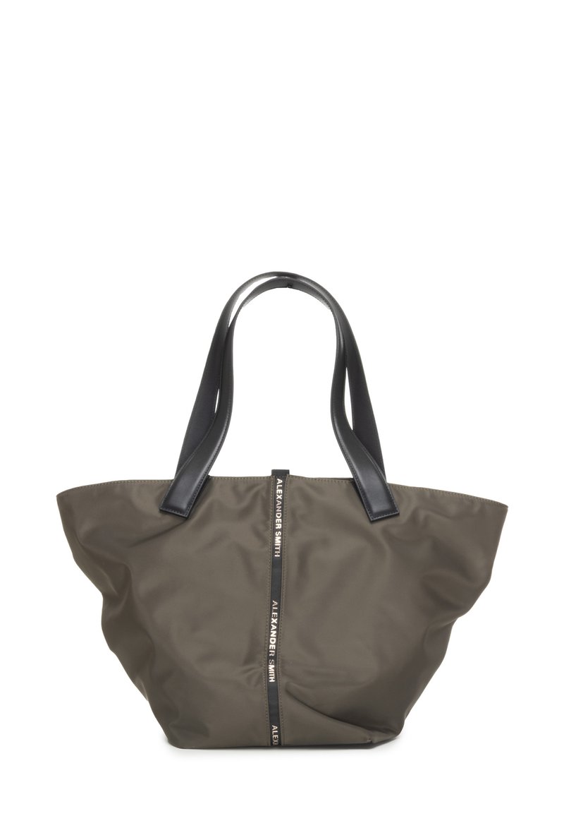 Borsa tote in tessuto verde oliva con manici in pelle nera. Presenta una fascia centrale con logo e una silhouette spaziosa e morbida.
