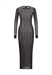 Langes schwarzes Netzkleid mit langen Ärmeln, das eine figurschmeichelnde Silhouette, Blumen- und Herzmuster sowie einen runden Ausschnitt aufweist.