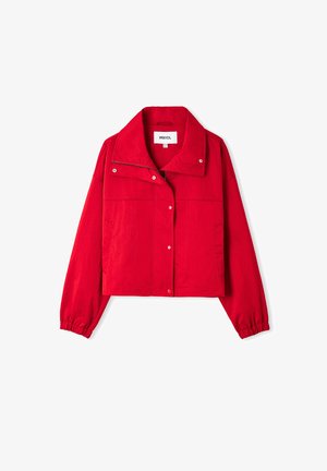 Red cropped jacket with long elastic cuffs, snap buttons down front, zipper detail, wide collar, and two side pockets.