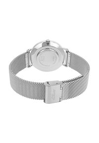 Zilveren roestvrijstalen horloge met een mesh band, ronde kast en een gepolijste afwerking. Waterbestendig tot 3 ATM, voorzien van een vouwsluiting.