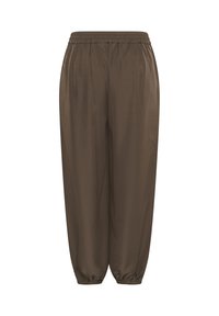 Braune, locker sitzende Hose mit elastischem Bund und gesammelten elastischen Bündchen, dargestellt vor einem schlichten weißen Hintergrund.