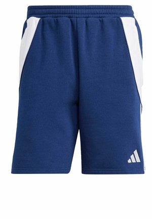 Marinemarineblauwe sportshorts met elastische tailleband, voorzien van witte zijpanelen en een klein wit logo op het onderste rechterbeen. Zacht materiaal, lengte tot halverwege de dij.