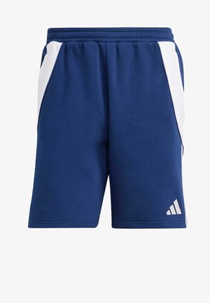 Marineblaue Sportshorts mit elastischem Bund, ausgestattet mit weißen Seitenpaneelen und einem kleinen weißen Logo am unteren rechten Bein. Weicher Stoff, Länge bis zur Mitte des Oberschenkels.